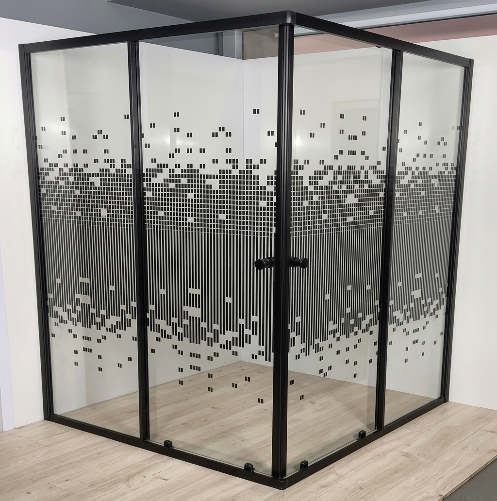 Cabine de douche d’angle avec profilés noirs – verre décor pixel