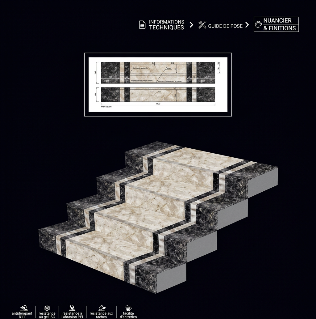 Carreaux d’escalier 1m x 30 cm – effet marbre blanc