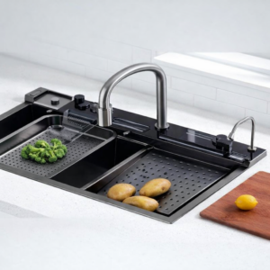 evier-luxe-noir-double-bac-egouttoir-robinet-4-fonctions