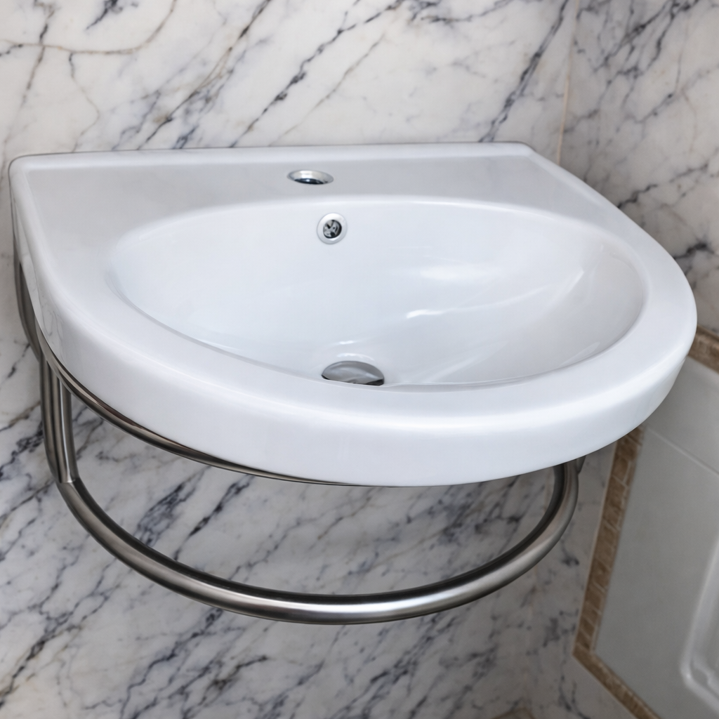 Lavabo d’angle complet avec porte-serviette – porcelaine blanche