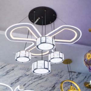 Lustre BGC papillon néon blanc/or – 5 abat-jours élégants