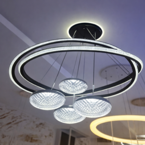 Lustre LED anneaux doubles + 5 globes cristal – luxe moderne