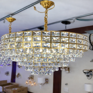 Lustre cristal cube doré 500W – géométrique luxueux