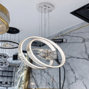 Lustre double anneaux suspendu sur cordes – or/blanc moderne