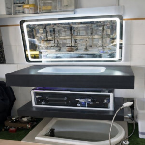 Meuble lavabo 80 cm vasque marbre noir – miroir LED bordé