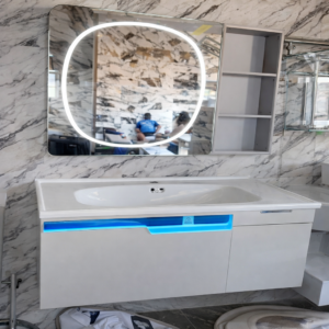 Meuble lavabo suspendu 80 cm avec éclairage LED – blanc/gris