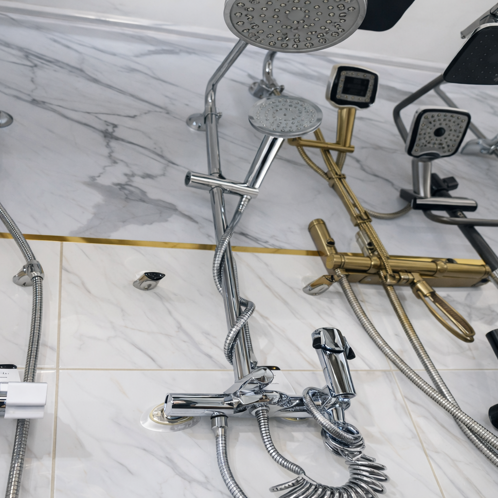 Mitigeur douche mural chromé argent – kit pluie + main carré